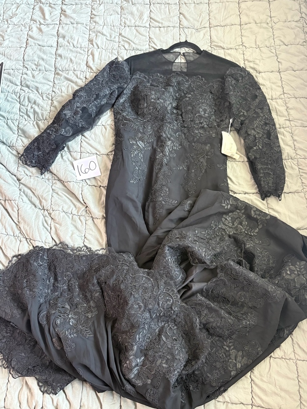 Lace-Embroidered Long Sleeve Maxi Dress - Dark Gray